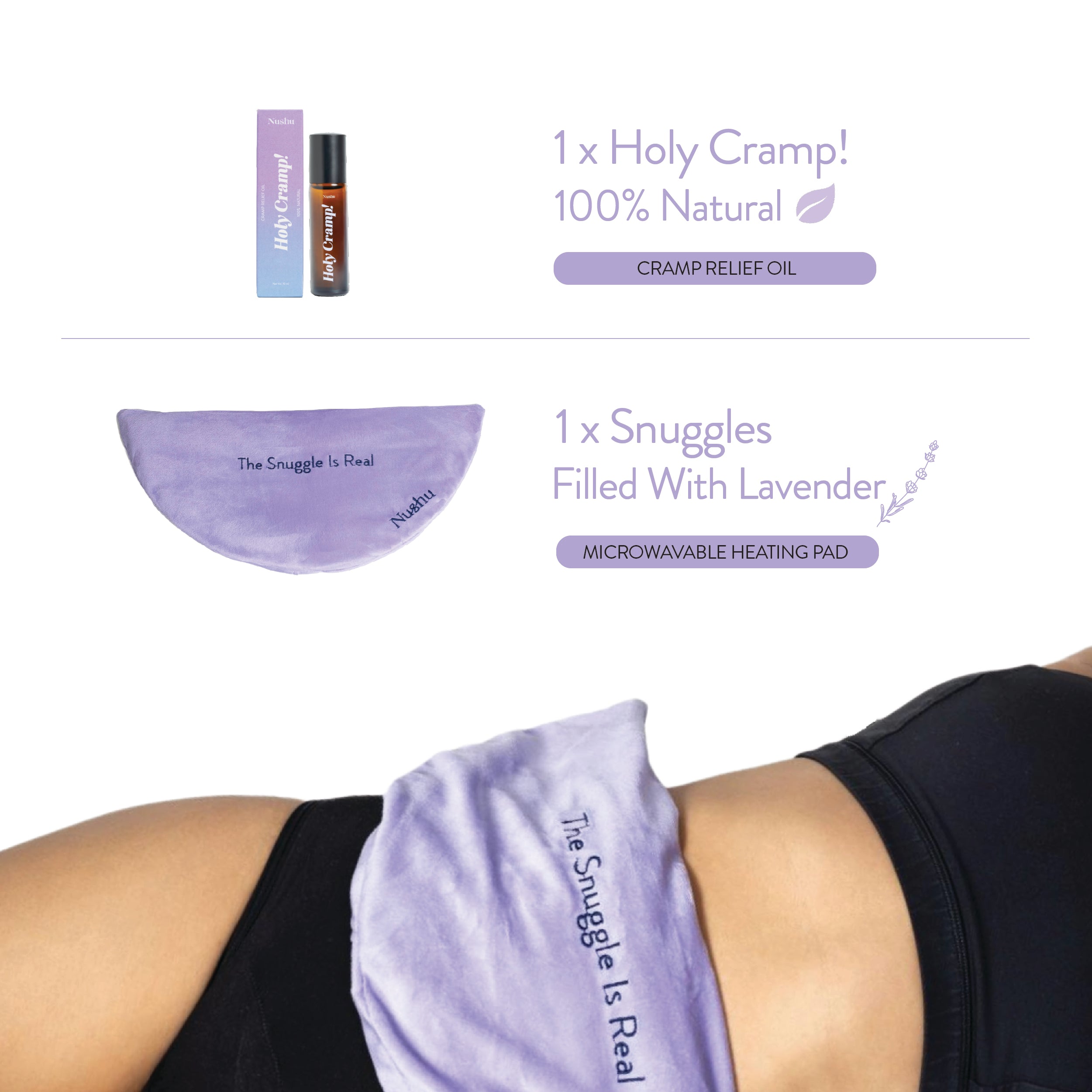 Holy Cramp essential oil for period pain relief and Snuggles lavender heat pad for soothing warmth