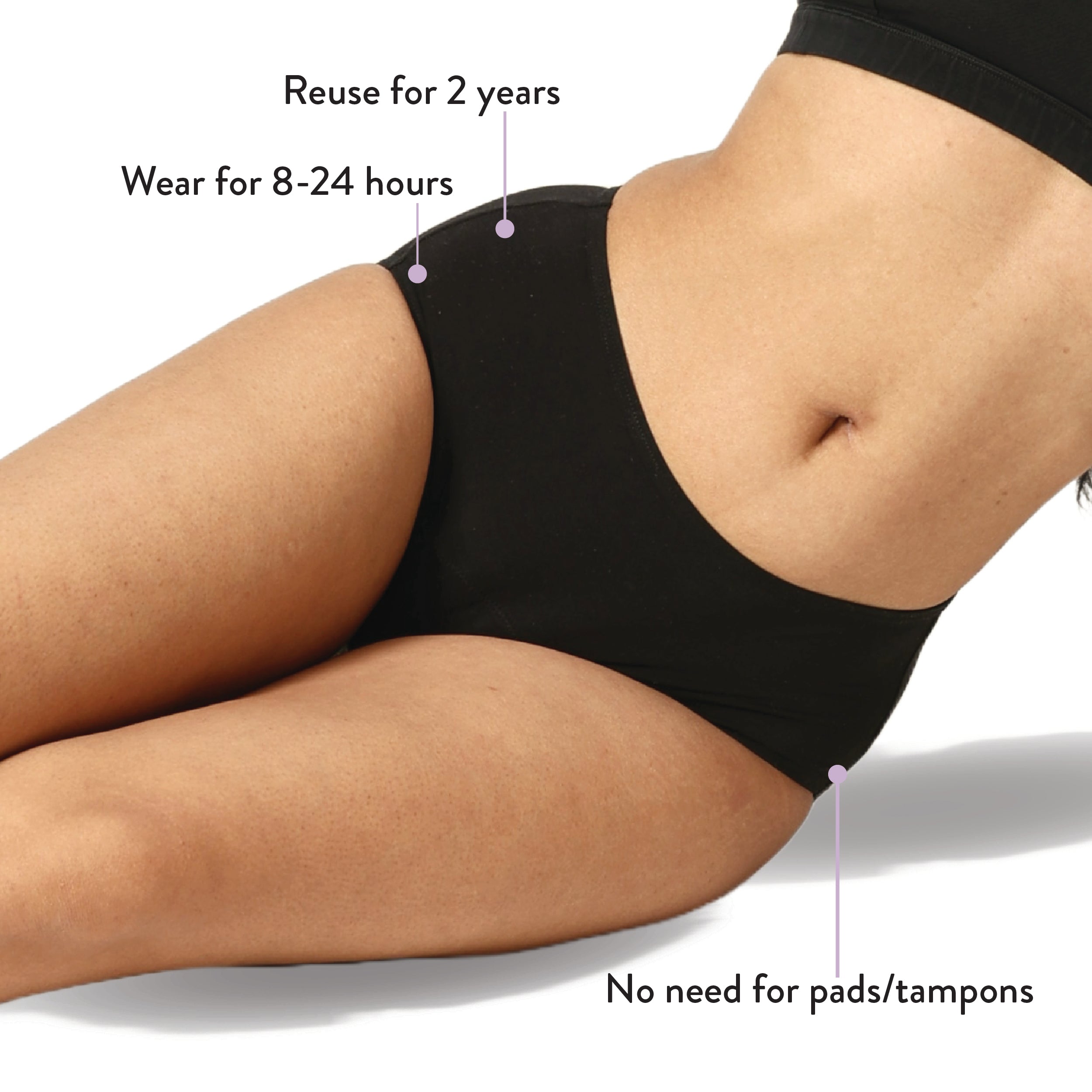 The Hip Hugger is reuseable for upto 2 years, can be worn for 8-24 hours and no need for pads/tampons.