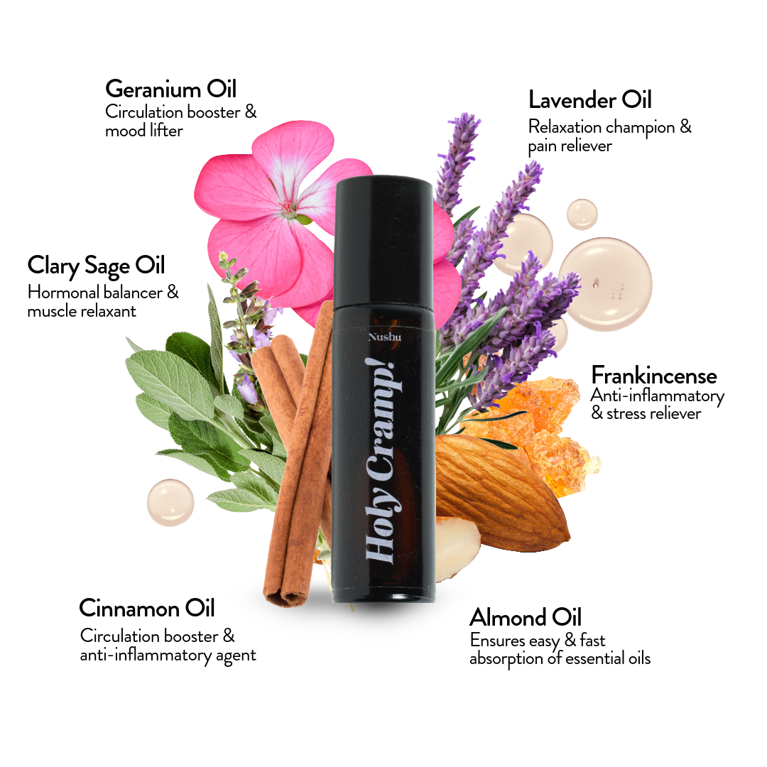 Holy Cramp essential oil, a soothing blend of geranium, lavender, clary sage, frankincense, cinnamon, and almond oil, designed to ease menstrual cramps.