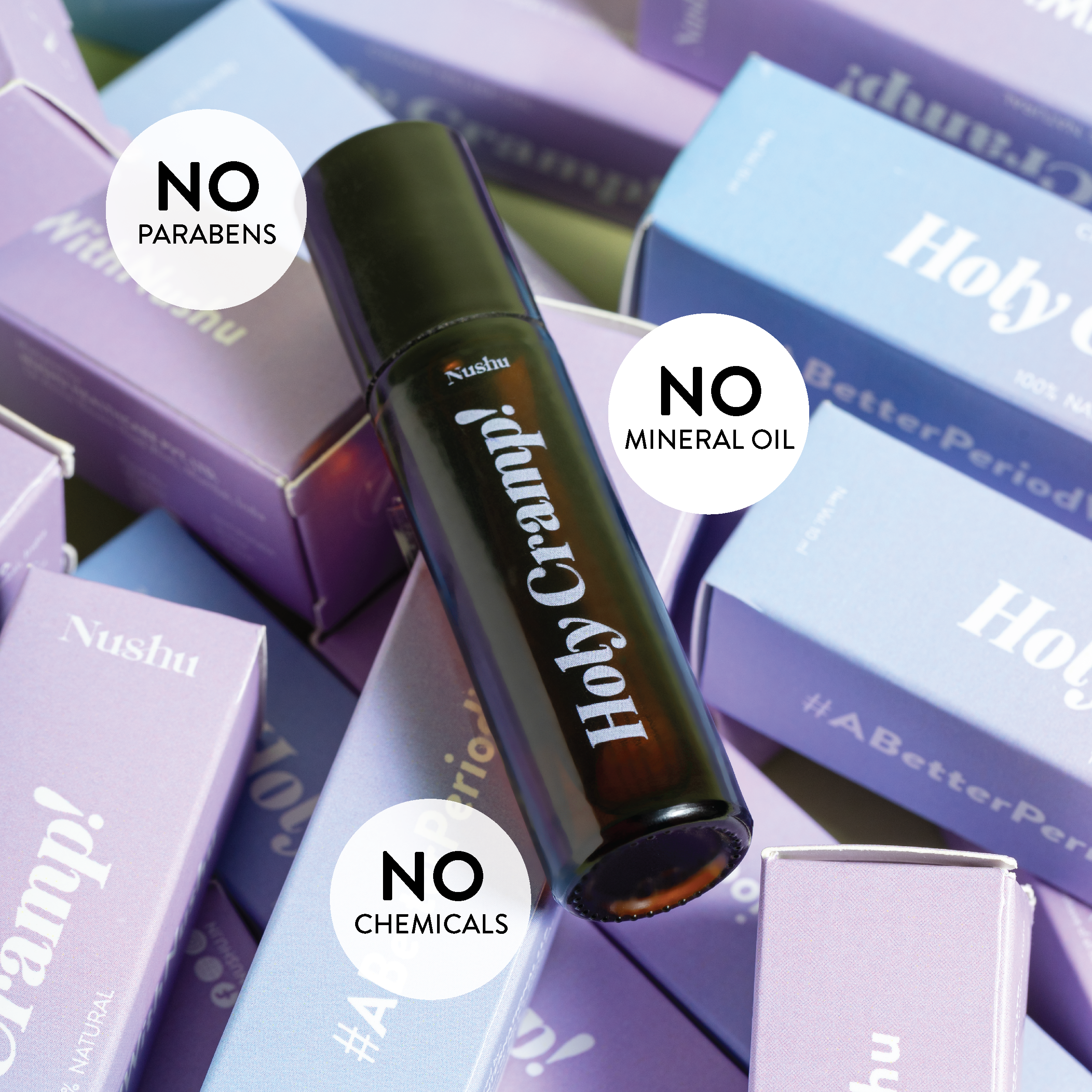 holy cramp essential contains noo parabens, no mineral oil and no chemicals. all natural.