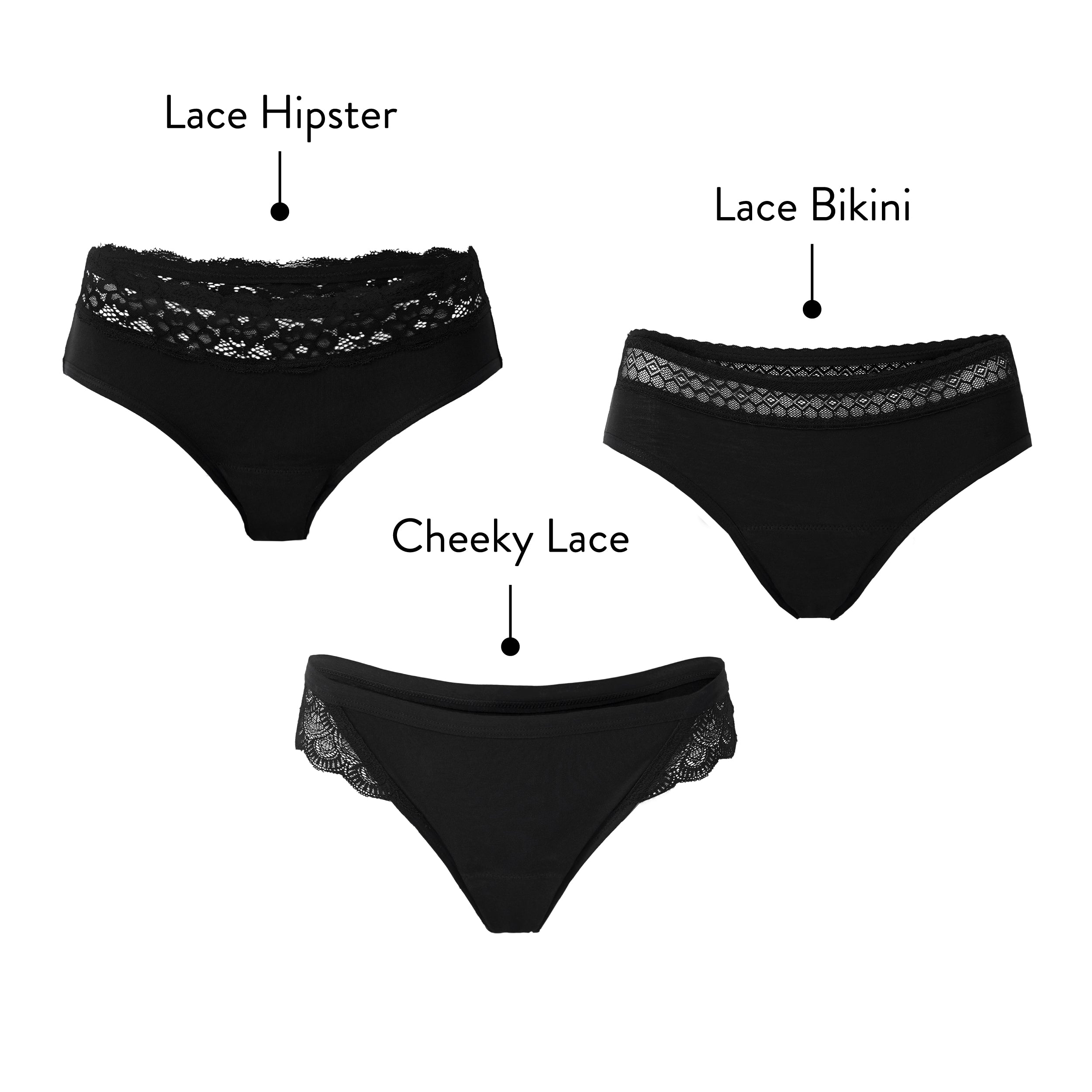 The Lace Combo features Cheeky Lace, Lace Bikini, and Lace Hipster period underwear, crafted for medium to super heavy flow, blending leak-proof protection with a chic and sensual lace finish.