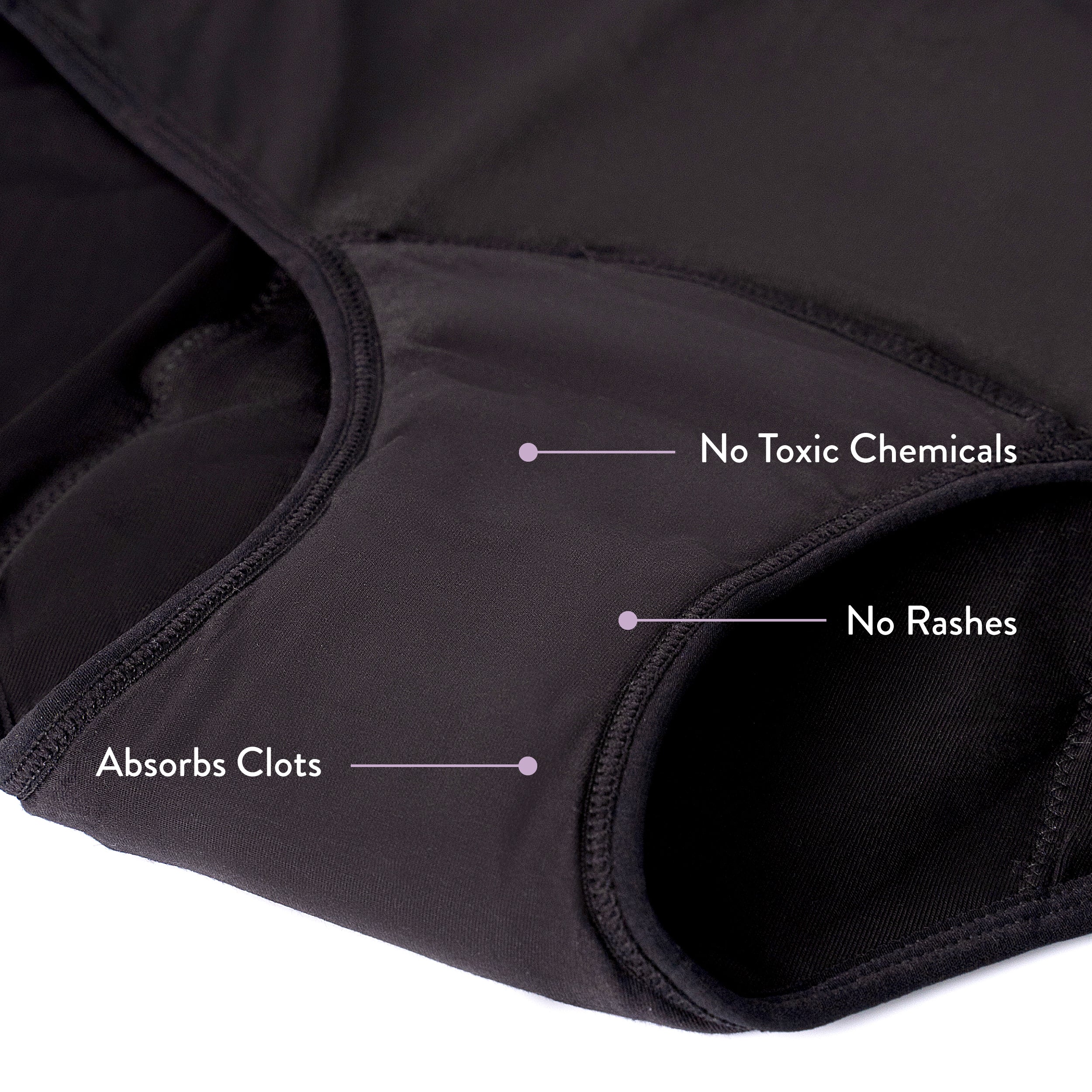 Nushu Lace Bikini period panty is free from toxic chemicals, super comfortable to prevent rashes, and designed to absorb blood clots for a hassle-free period experience.