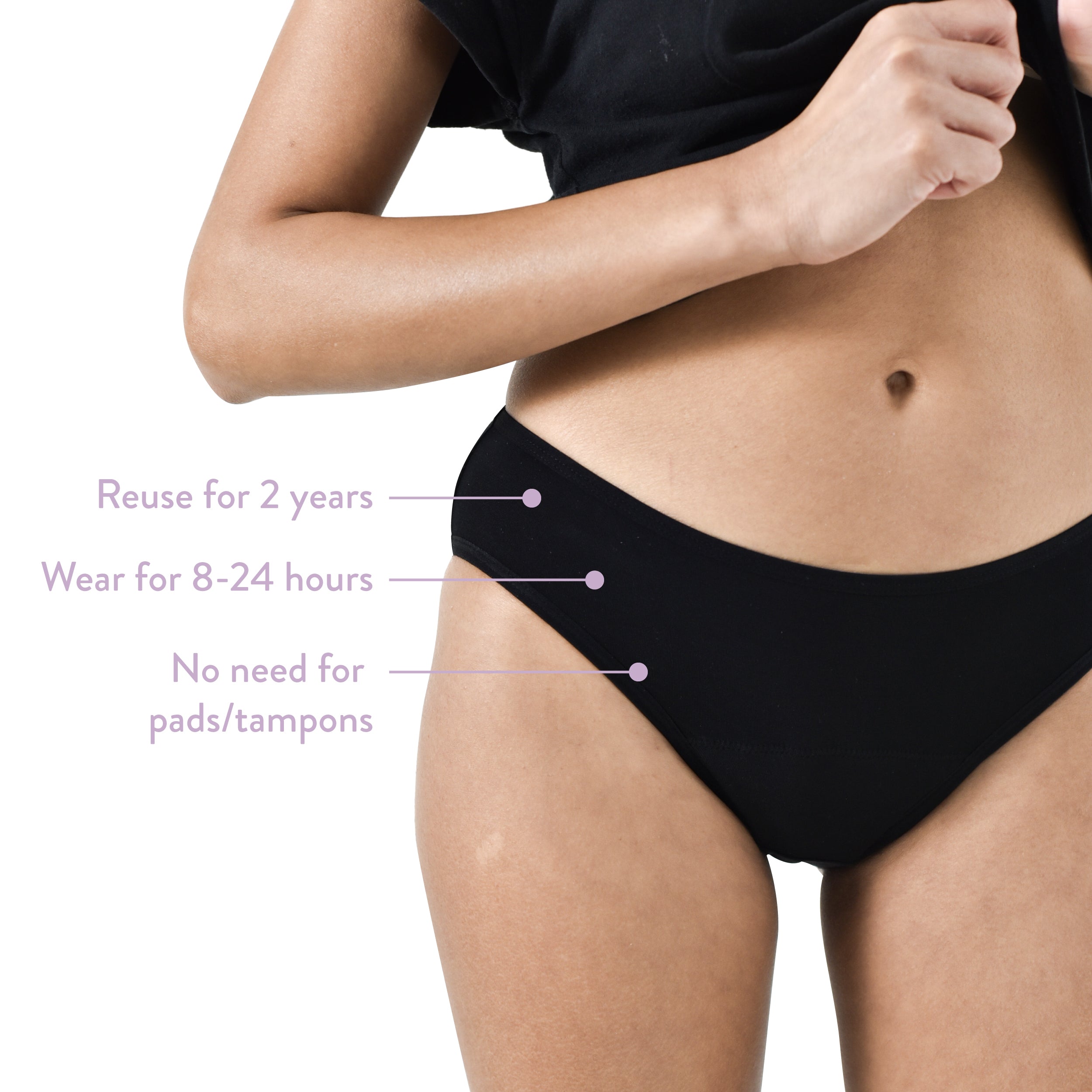 Nushu Bikini Brief period underwear, reusable for up to 2 years, absorbs up to 4 pads of blood, and can be worn for 8-24 hours without the need for pads or tampons.