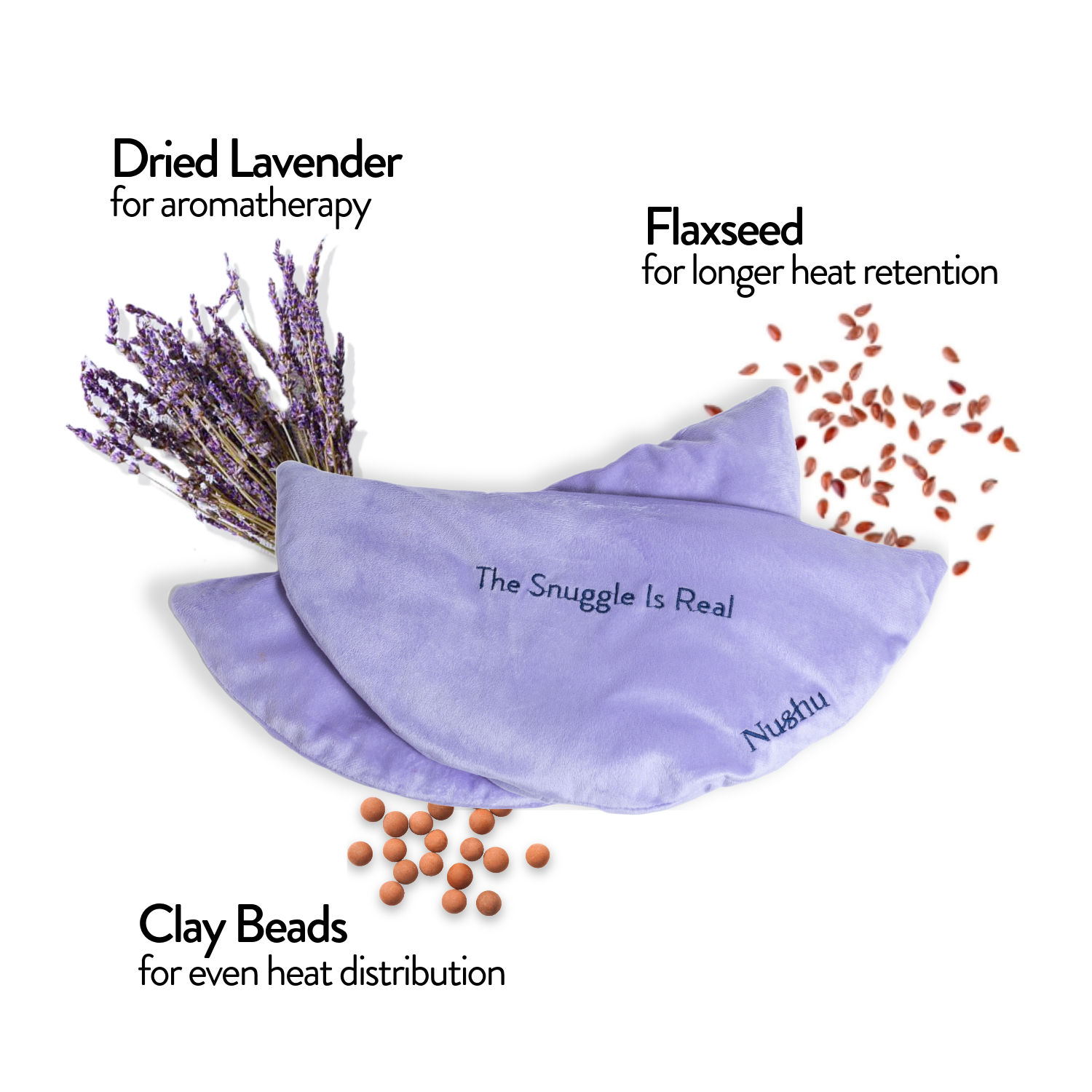 Snuggles heat pad with dried lavender for aromatherapy, flaxseeds for prolonged warmth, and clay beads for even heat distribution, designed for period comfort.