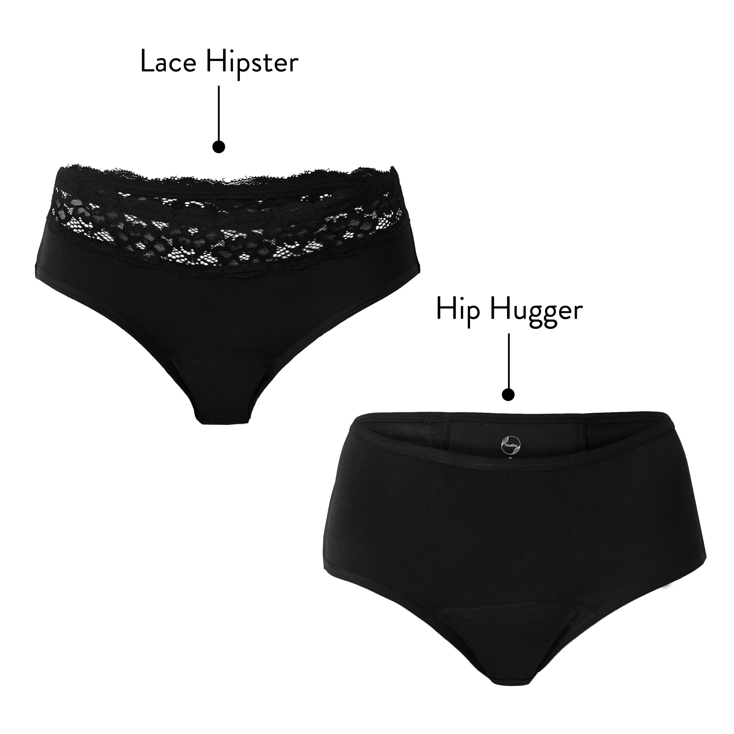Super Heavy Duo features the Hip Hugger and Lace Hipster, two ultra-absorbent period underwear styles that each hold up to 6 pads of blood, keeping you dry, secure, and worry-free on your heaviest days