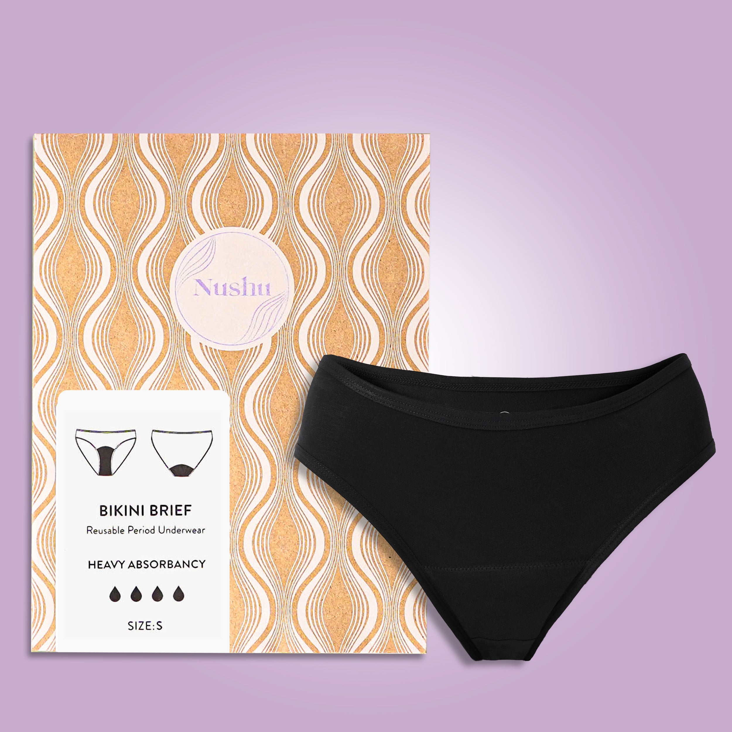 Nushu Bikini Brief period underwear absorbs up to 4 pads of blood, keeping you dry and comfortable all day long.