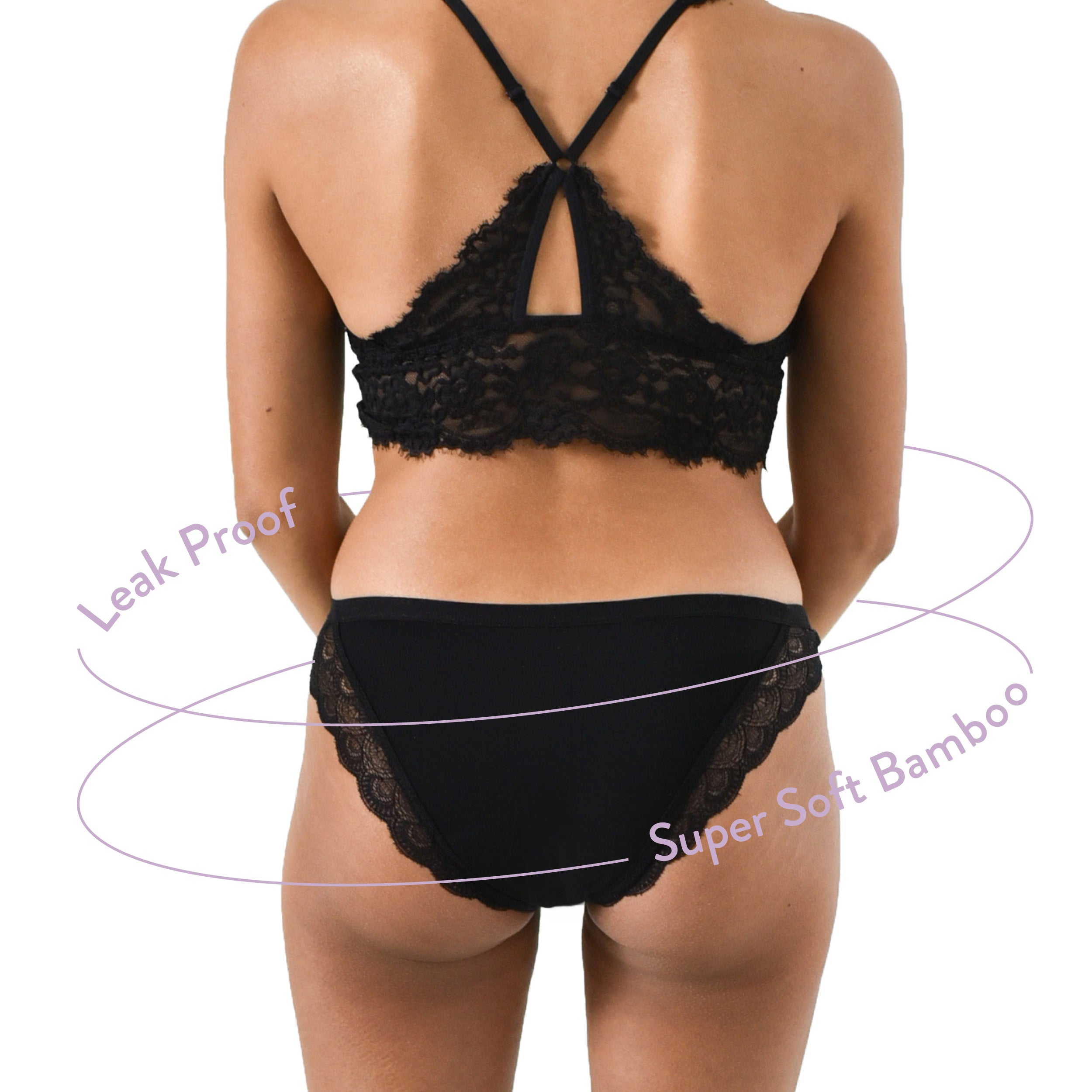 Nushu Cheeky Lace period underwear made from leak-proof bamboo fabric, reusable for up to 2 years, absorbs up to 2 pads of blood, and provides 8-24 hours of protection without pads or tampons.