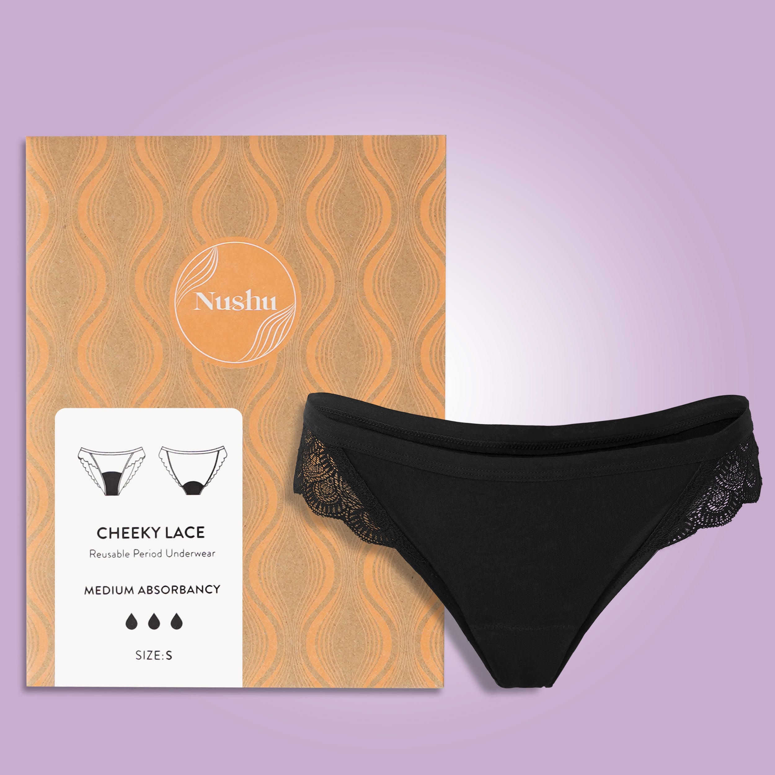 Nushu Cheeky Lace period underwear absorbs up to 2 pads of blood, keeping you dry and comfortable all day long.