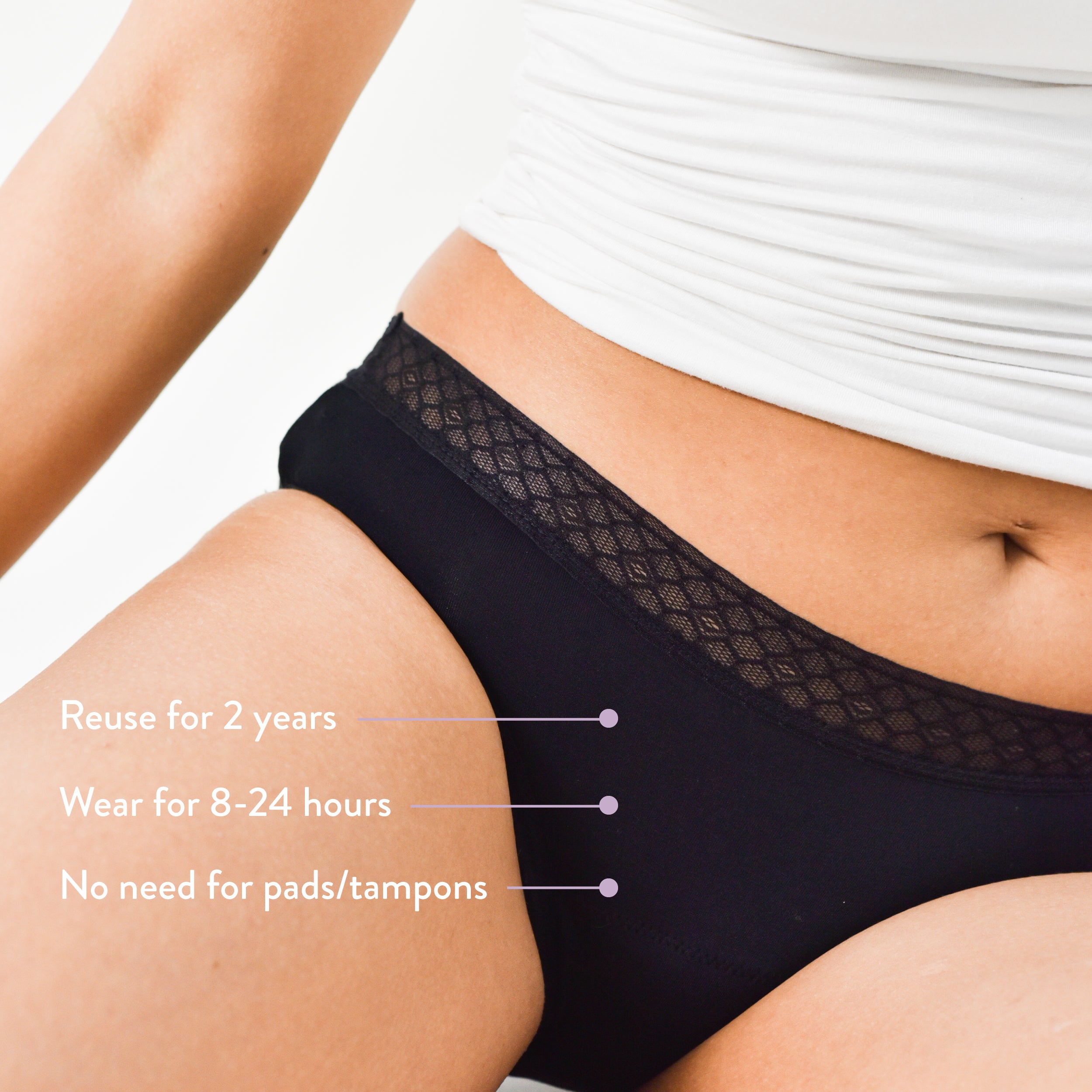 Nushu Lace Bikini period underwear, reusable for up to 2 years, absorbs up to 4 pads of blood, and can be worn for 8-24 hours without the need for pads or tampons.