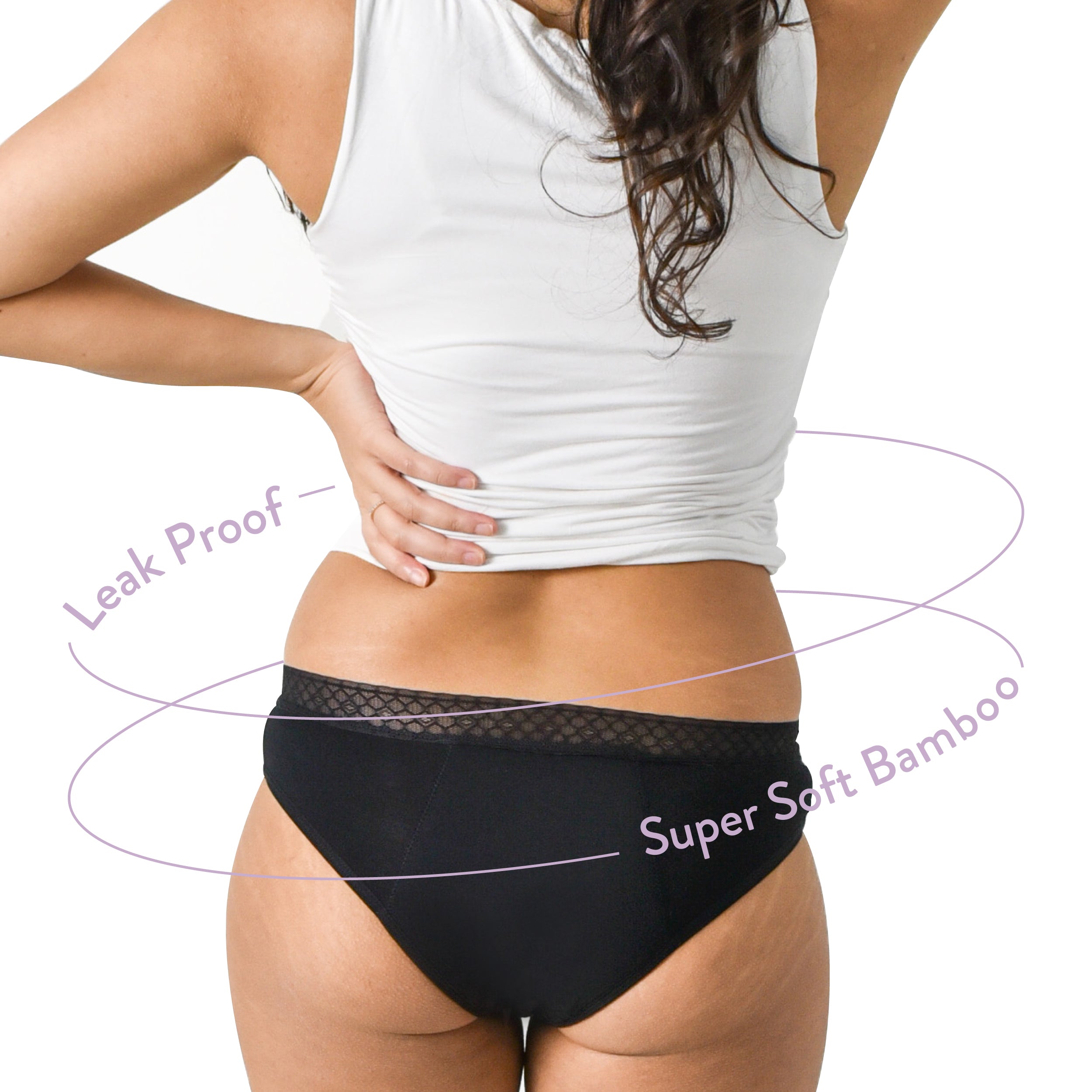 Nushu Lace Bikini period underwear made from leak-proof bamboo fabric, reusable for up to 2 years, absorbs up to 4 pads of blood, and provides 8-24 hours of protection without pads or tampons.