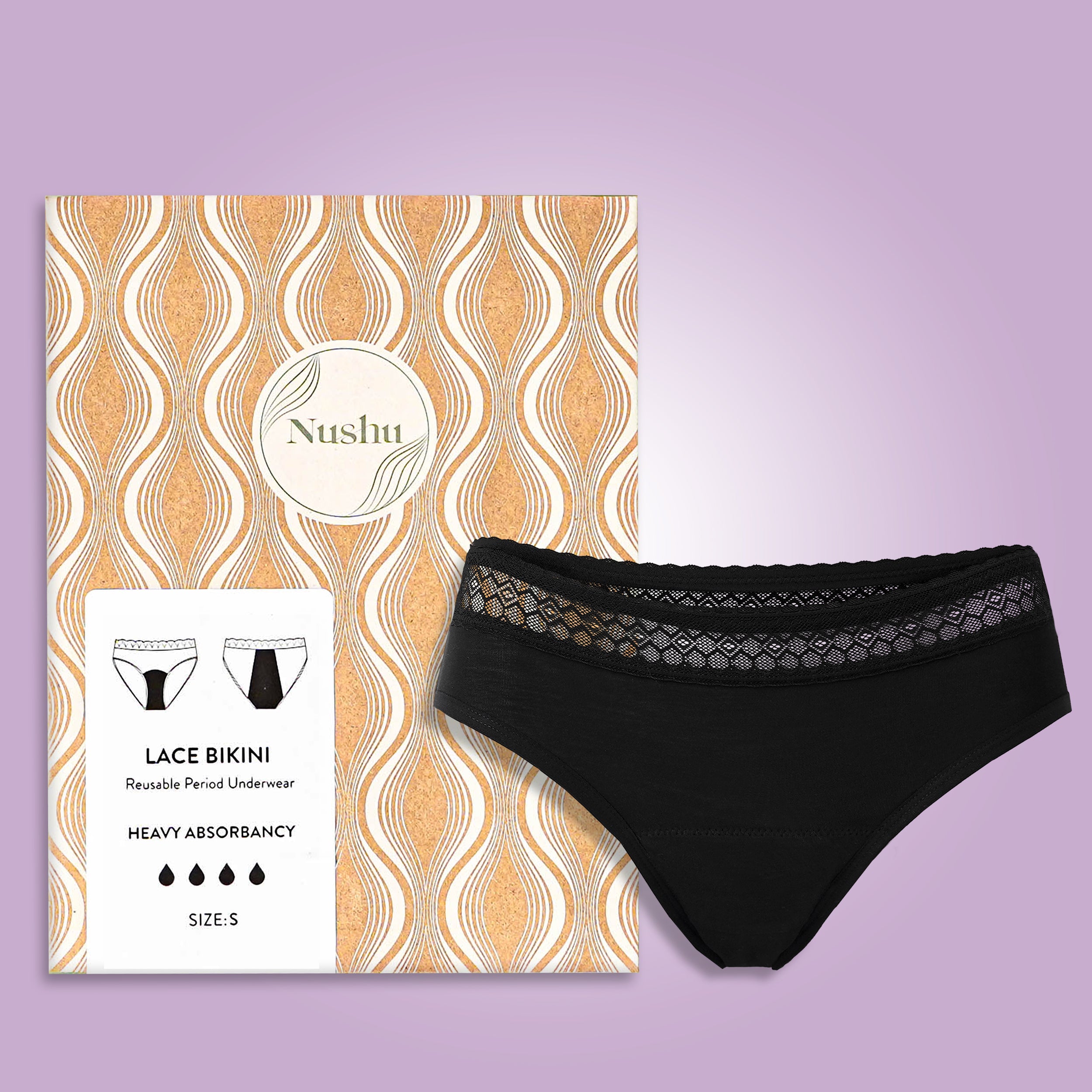 Nushu Lace Bikini period underwear absorbs up to 4 pads of blood, keeping you dry and comfortable all day long.