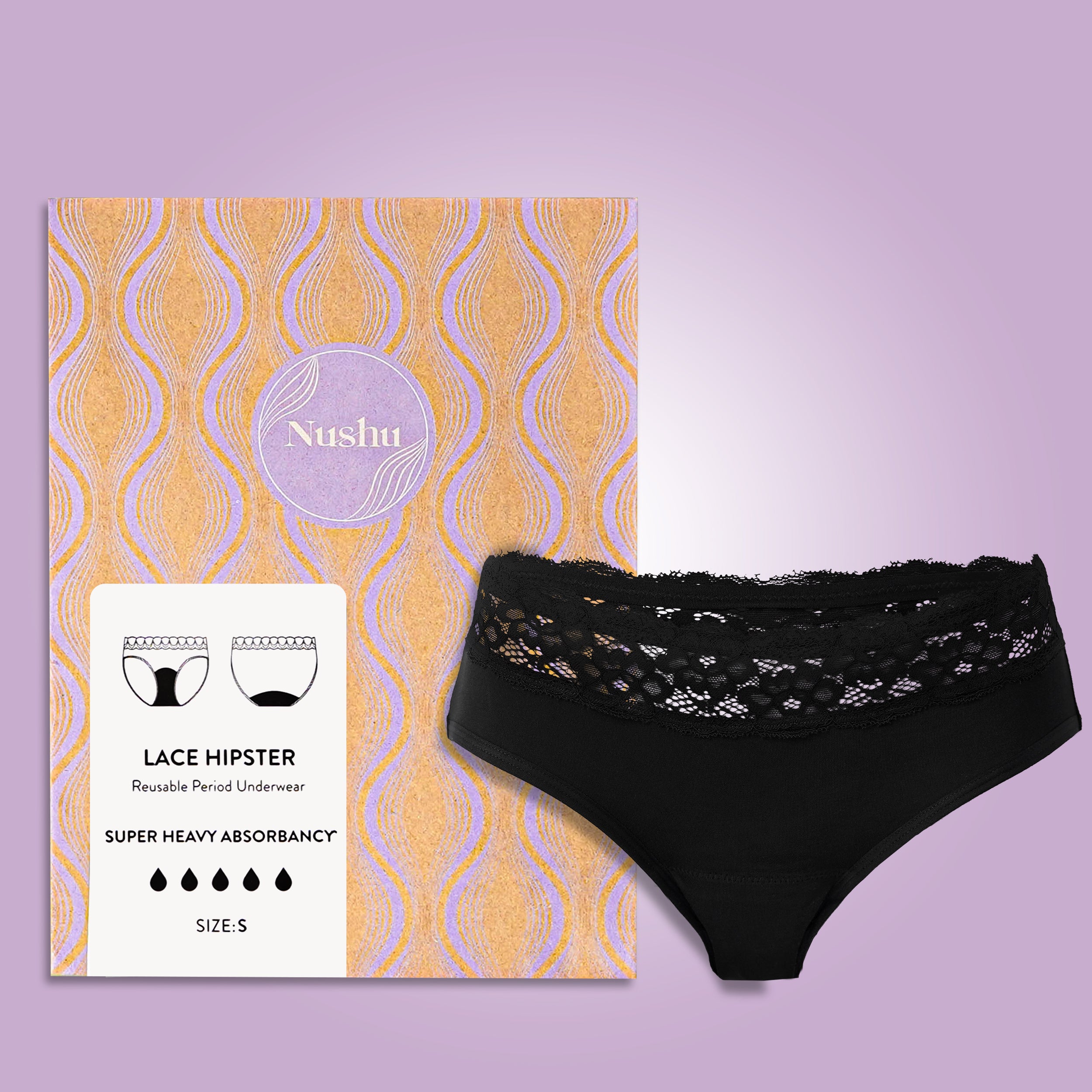 Nushu Lace Hipster period underwear absorbs up to 6 pads of blood, keeping you dry and comfortable all day long.