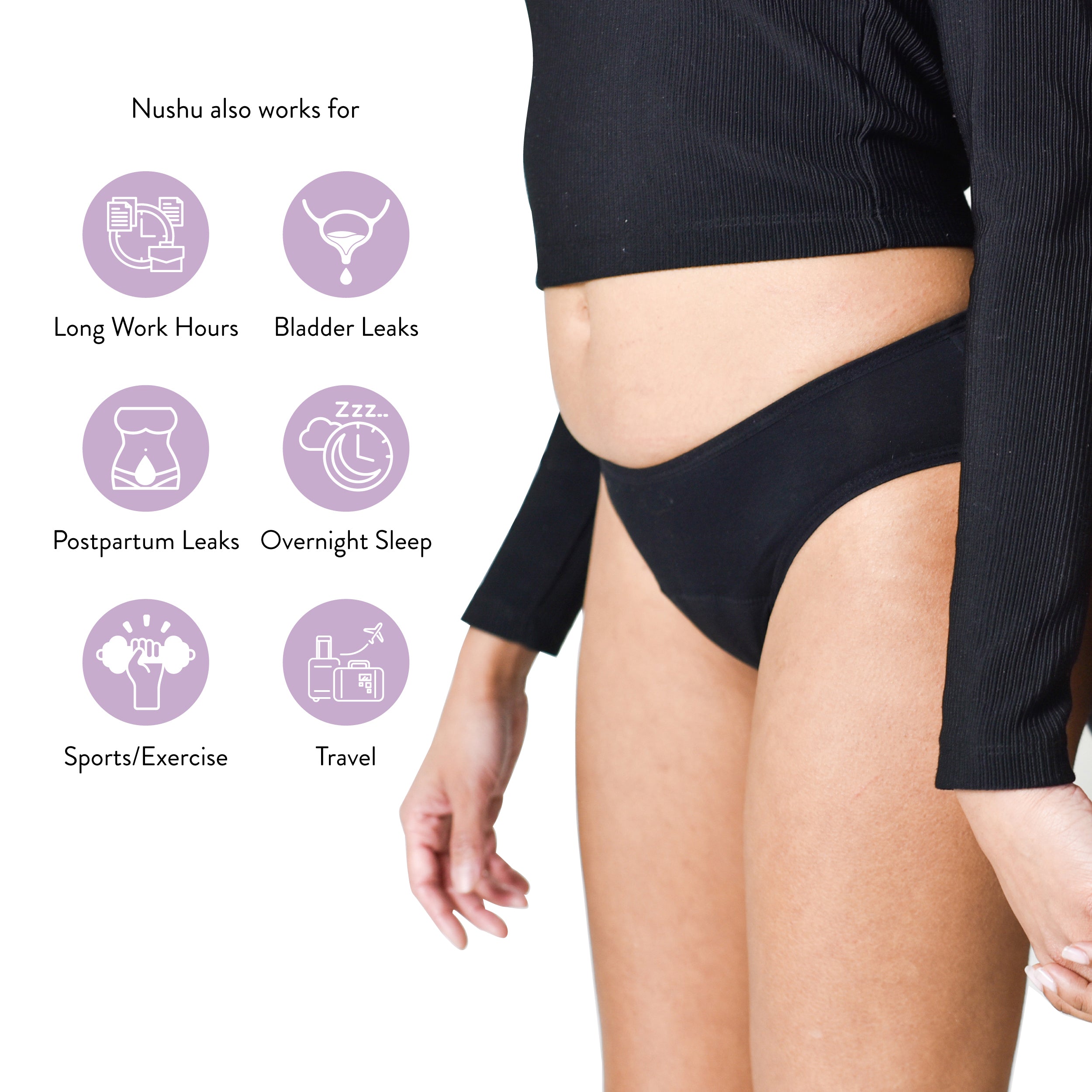 Nushu period underwear provides reliable protection during long work hours, bladder leaks, postpartum needs, overnight sleep, sports, exercise, and travel.