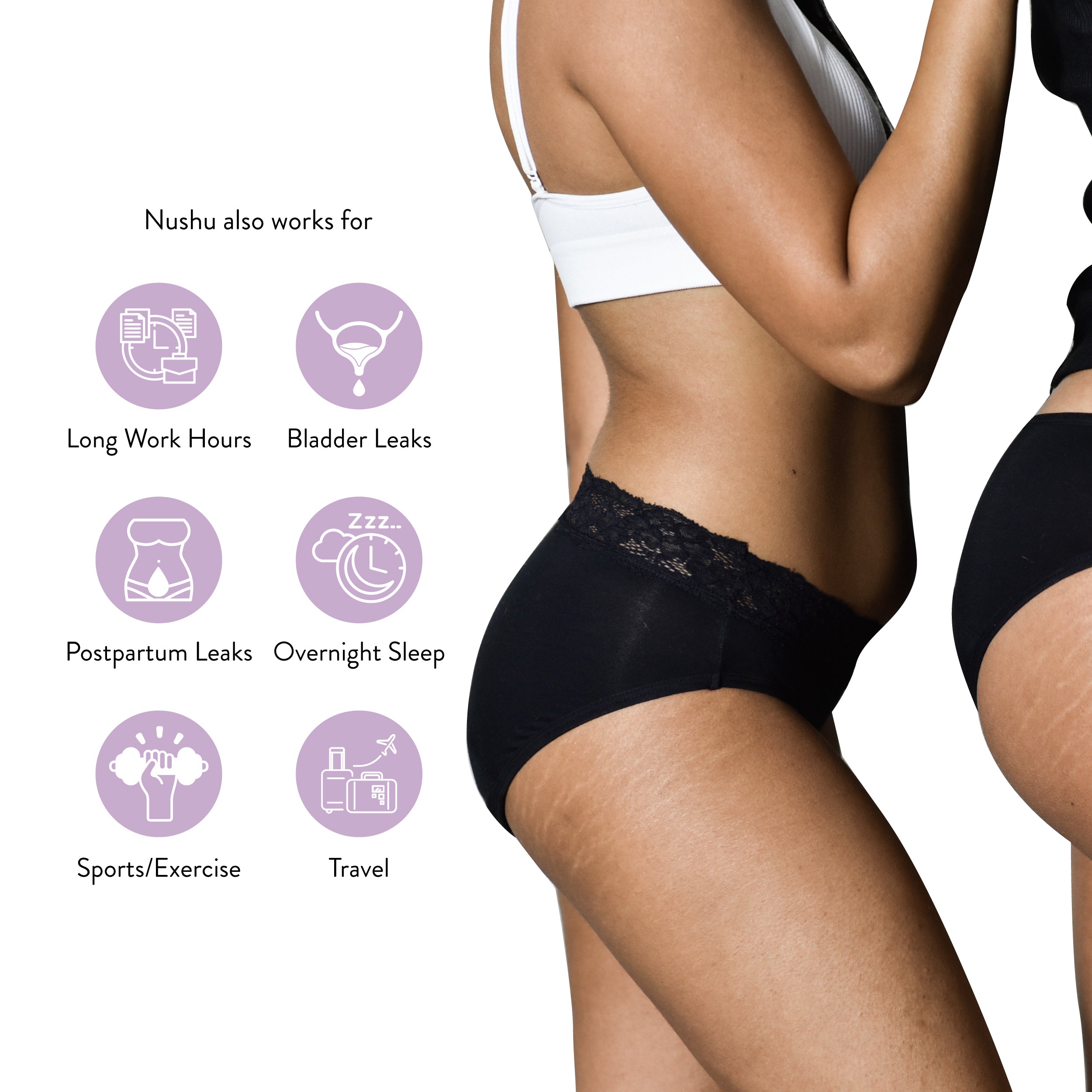 Nushu period underwear provides reliable protection during long work hours, bladder leaks, postpartum needs, overnight sleep, sports, exercise, and travel.