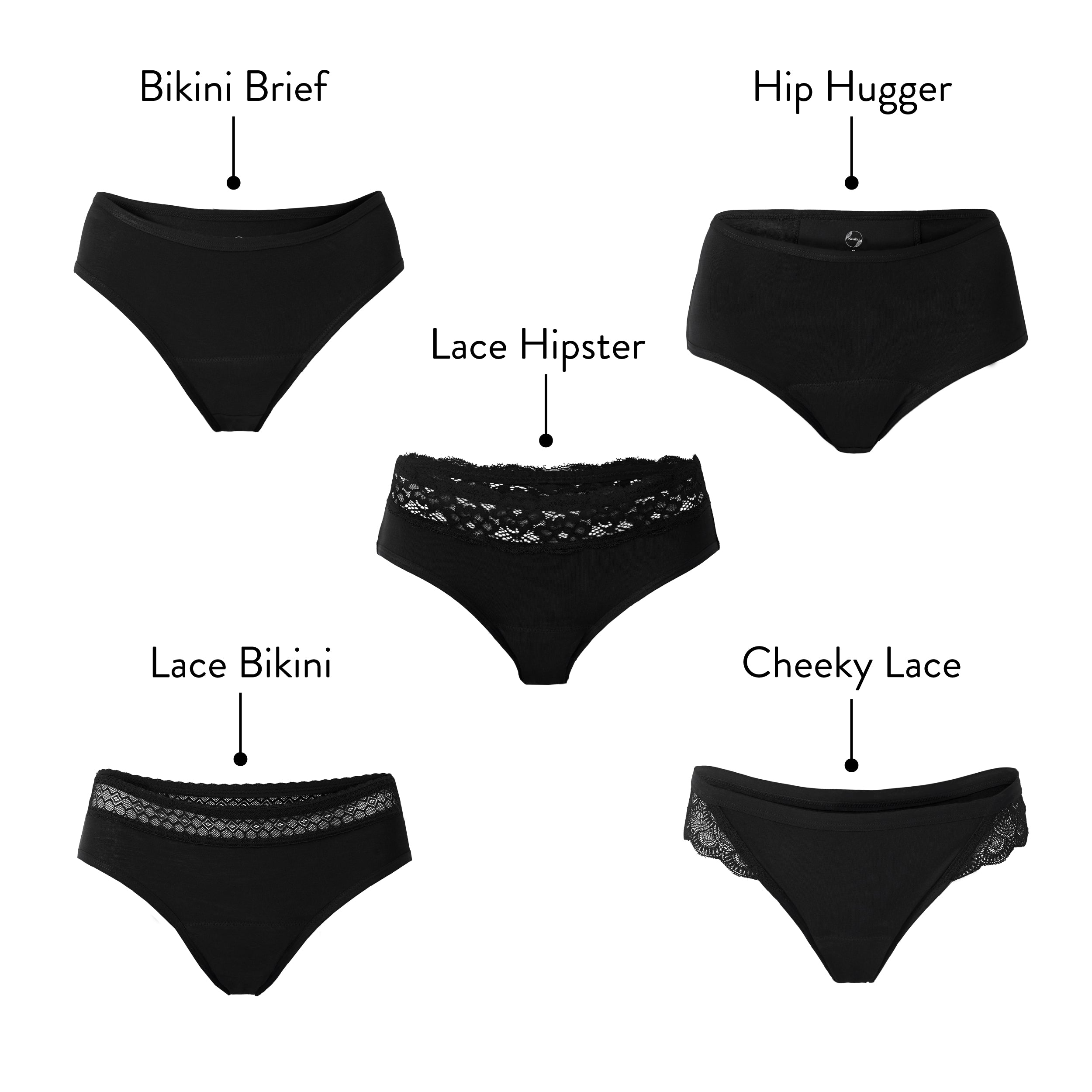 The Fantastic Five Combo features all five signature Nushu period underwear styles—Hip Hugger, Bikini Brief, Cheeky Lace, Lace Hipster, and Lace Bikini—designed for ultimate comfort, style, and leak-proof protection throughout your cycle